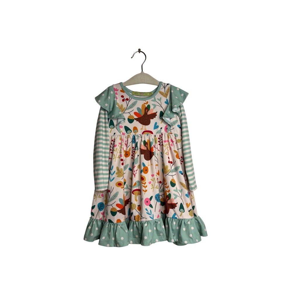 Millie Loves Lily Girls Thanksgiving Turkey Floral Ruffle Dress Sage Green 3T